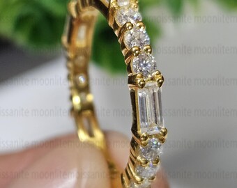 Moissanite Eternity Band: 14K Yellow Gold Triple Round & Baguette Ring