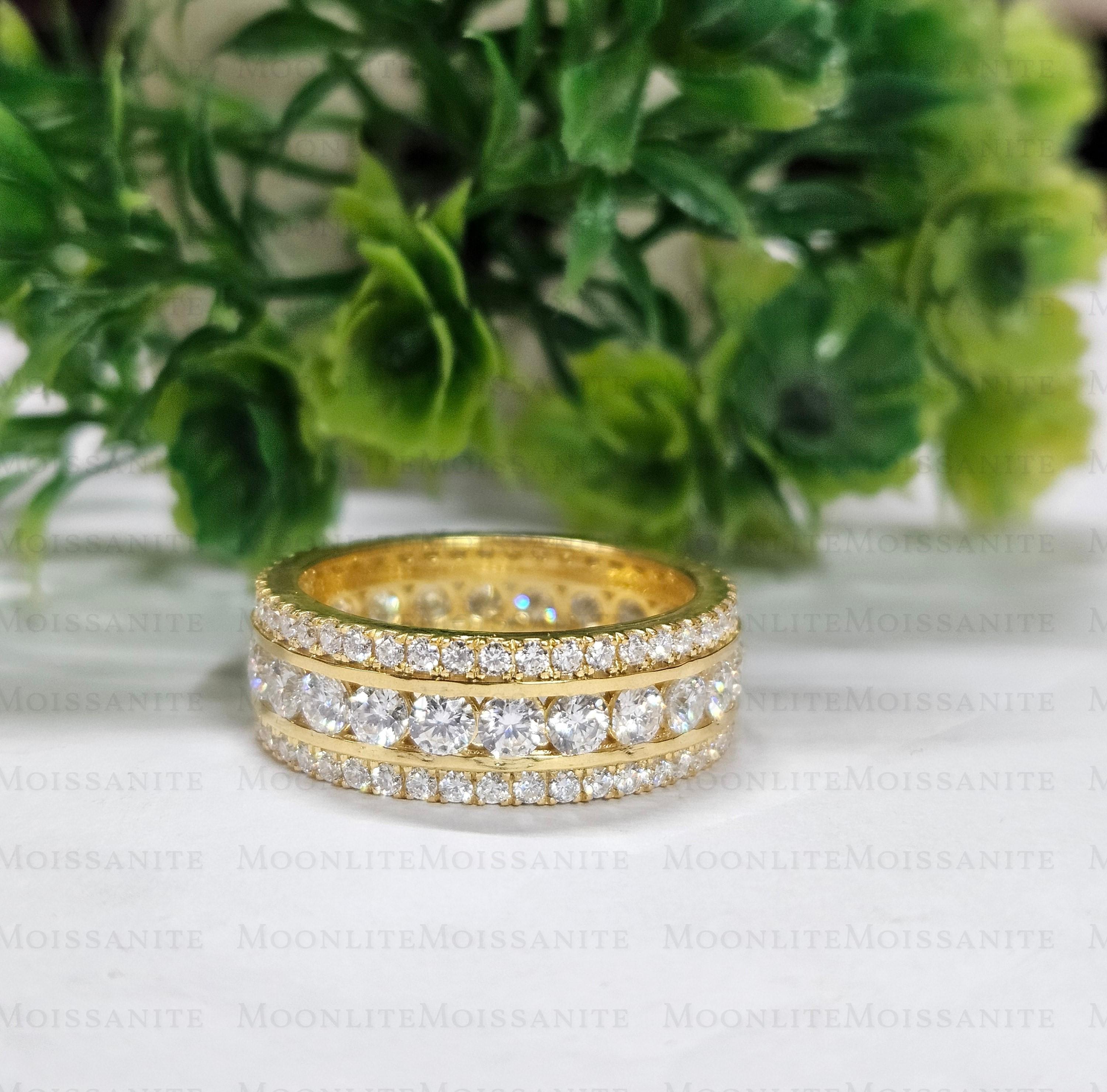 Yellow Gold Full Eternity Moissanite Band Ring, Round Cut Anniversary Wedding Ring