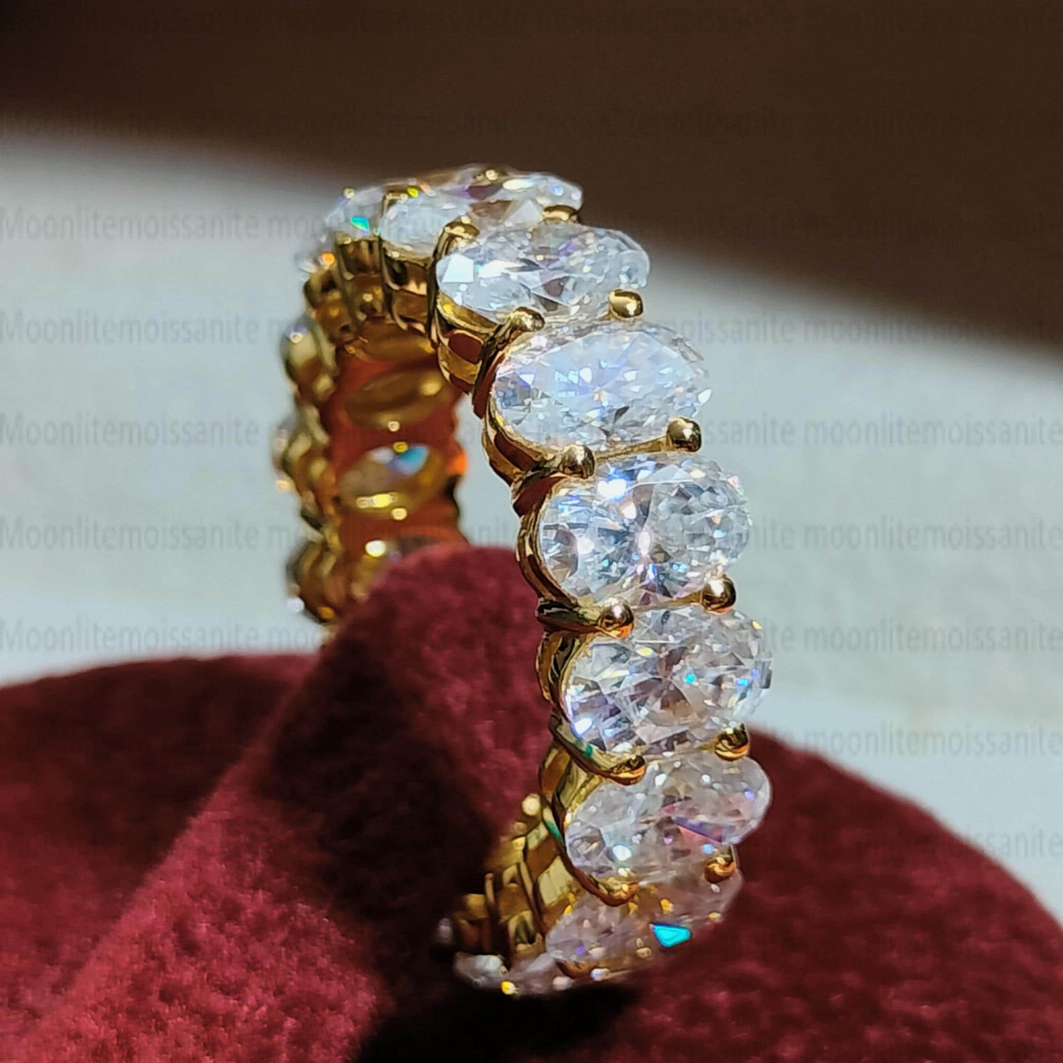 Oval Moissanite Eternity Band Ring: 14K Yellow Gold Wedding Anniversary