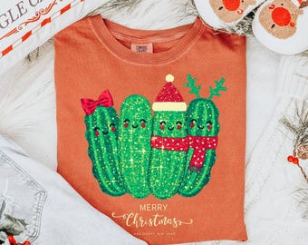Lustiges Weihnachtsgurken Familien-Shirt: Festliches Glitzer-T-Shirt