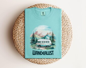Camiseta Wanderlust Camper Van, camiseta retrô para viagem em montanha, camiseta para aventura ao ar livre, presente para van