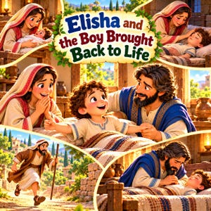以下が含まれることがあります： 「Elisha and the Boy Brought Back to Life」と題されたマルチパネルのイラスト。青いローブを着た髭の男性がベージュのチュニックを着た少年と交流する様子や、子供を抱く女性、杖を持って歩く男性のシーンが描かれています。