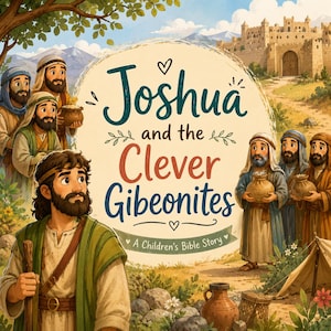 May include: A children's book cover titled Joshua and the Clever Gibeonites, featuring an illustration of a bearded man in a green tunic holding a wooden staff, surrounded by several men in traditional robes holding small brown sacks near a stone city.