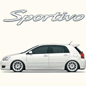 May include: Illustration of a white Corolla Sportivo hatchback car. Includes the text "Sportivo" and details such as engine, transmission, and owner's checklist. Produced between 2003-2005.