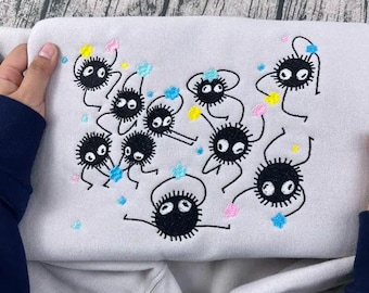 Soot Sprites Embroidered Sweatshirt, Ghibli Star Hoodie, Cute Anime Crewneck, Studio Ghibli Fan Gift, Kawaii Embroidery Top