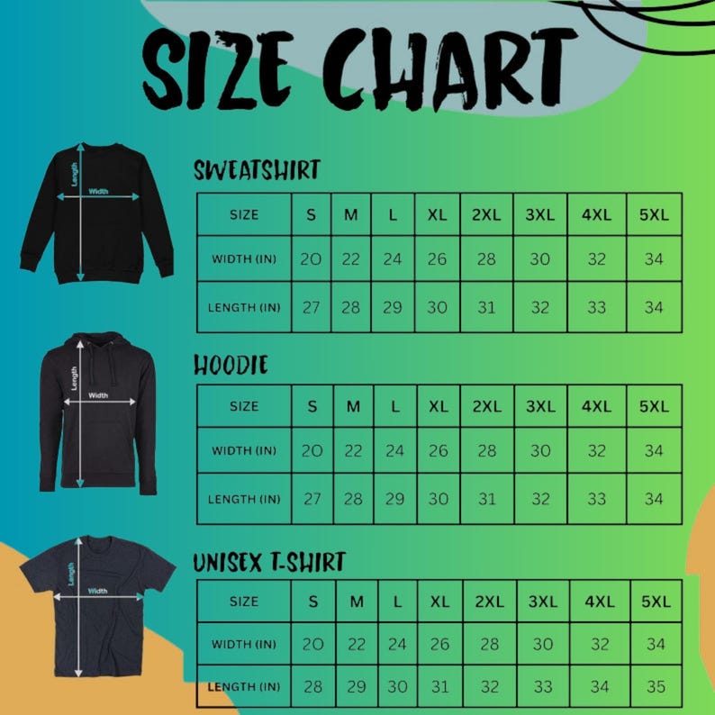 May include: Size chart graphic for sweatshirts, hoodies, and unisex t-shirts. The chart displays measurements in inches for width and length, ranging from size small to 5XL. The text "SIZE CHART" is at the top.