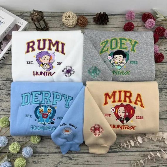 Embroidered Huntrix Band Sweatshirt, Rumi Zoey Mira Derpy Shirt, Derpy Tiger Demon Hunter Merch, Kpop Anime Sweatshirt, Fan Gift