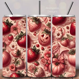 Messy Coquette Halloween Tumbler Wrap PNG, Sweet Spooky 20 oz Skinny Tumbler Sublimation, Pumpkins Strawberries Lace PNG, Instant Download