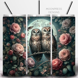 Owl Moon Floral Png, Romantic Owl Couple Png, Vintage Rose Garden Tumbler Wrap, Moody Owl Wrap, Seamless 20 oz Skinny Tumbler Sublimation
