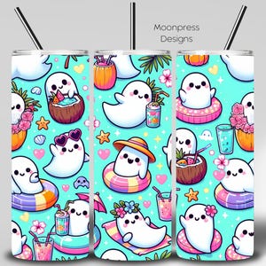 May include: Tumblers with a repeating pattern of cartoon ghosts enjoying a summer vacation. The ghosts are depicted with sunglasses, hats, and floaties, surrounded by tropical drinks, flowers, and coconuts, all set against a turquoise background. The text "Moonpress Designs" is visible.
