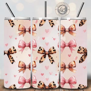 Coquette Bow beker wrap png, roze en luipaard print strik ontwerp, hartpatroon beker wrap, naadloze 20 oz magere sublimatie beker sublimatie