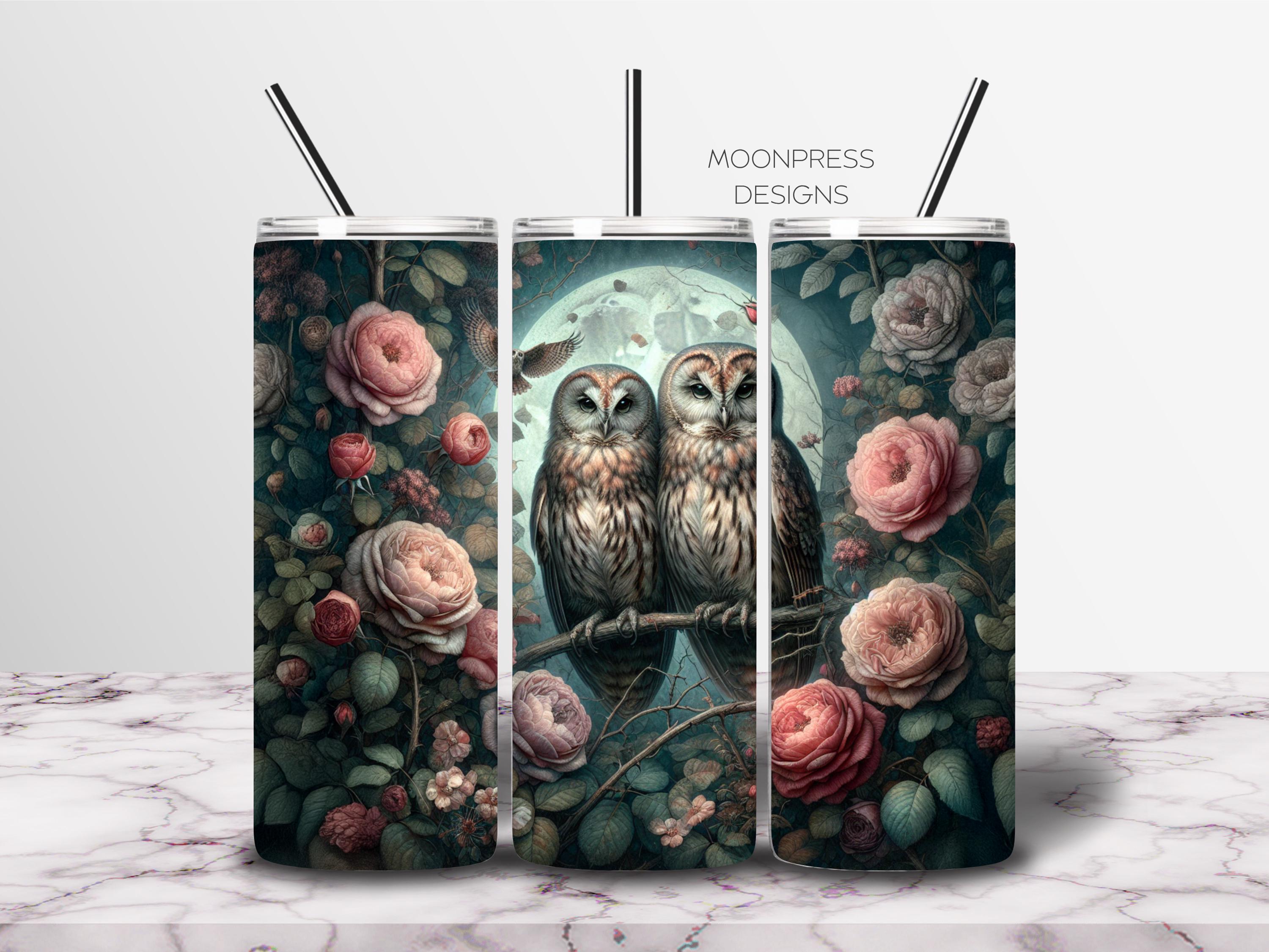 Owl Moon Floral Png, Romantic Owl Couple Png, Vintage Rose Garden Tumbler Wrap, Moody Owl Wrap, Seam