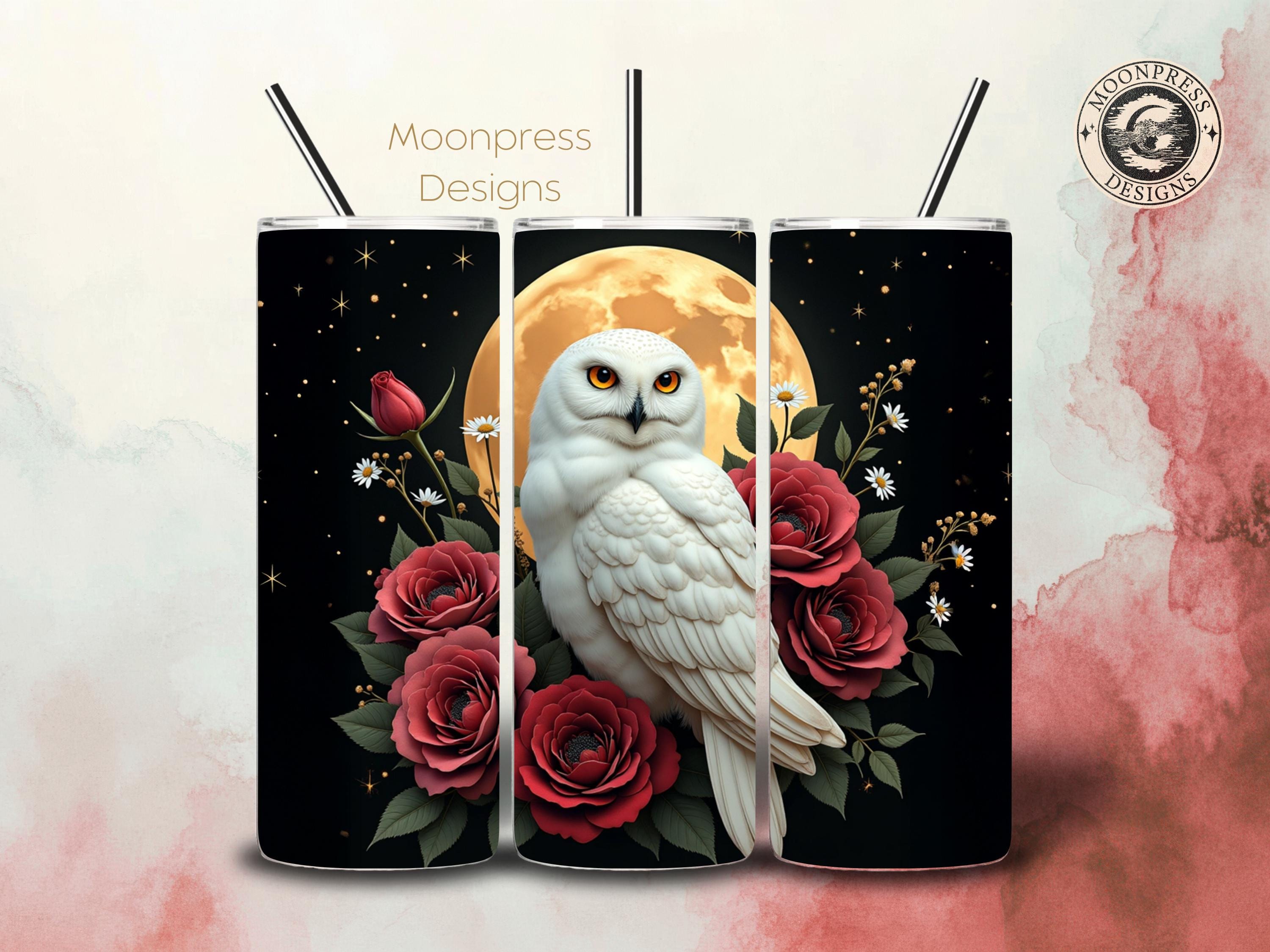 White Owl Floral Tumbler Wrap PNG, Owl Roses PNG, Owl Floral Sublimation, Gothic Skinny Tumbler, Whi