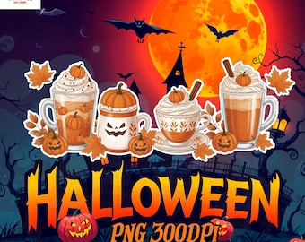 Halloween Fall Drinks PNG Bundle, Pumpkin Spice Mug PNG, Cute Halloween Clipart, Instant Download