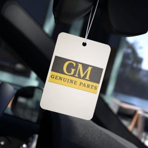Puede incluir: Una etiqueta rectangular blanca con el texto "GM GENUINE PARTS" en negro y dorado. La etiqueta cuelga en el interior de un coche, con el reposacabezas y el asiento negros visibles en el fondo.