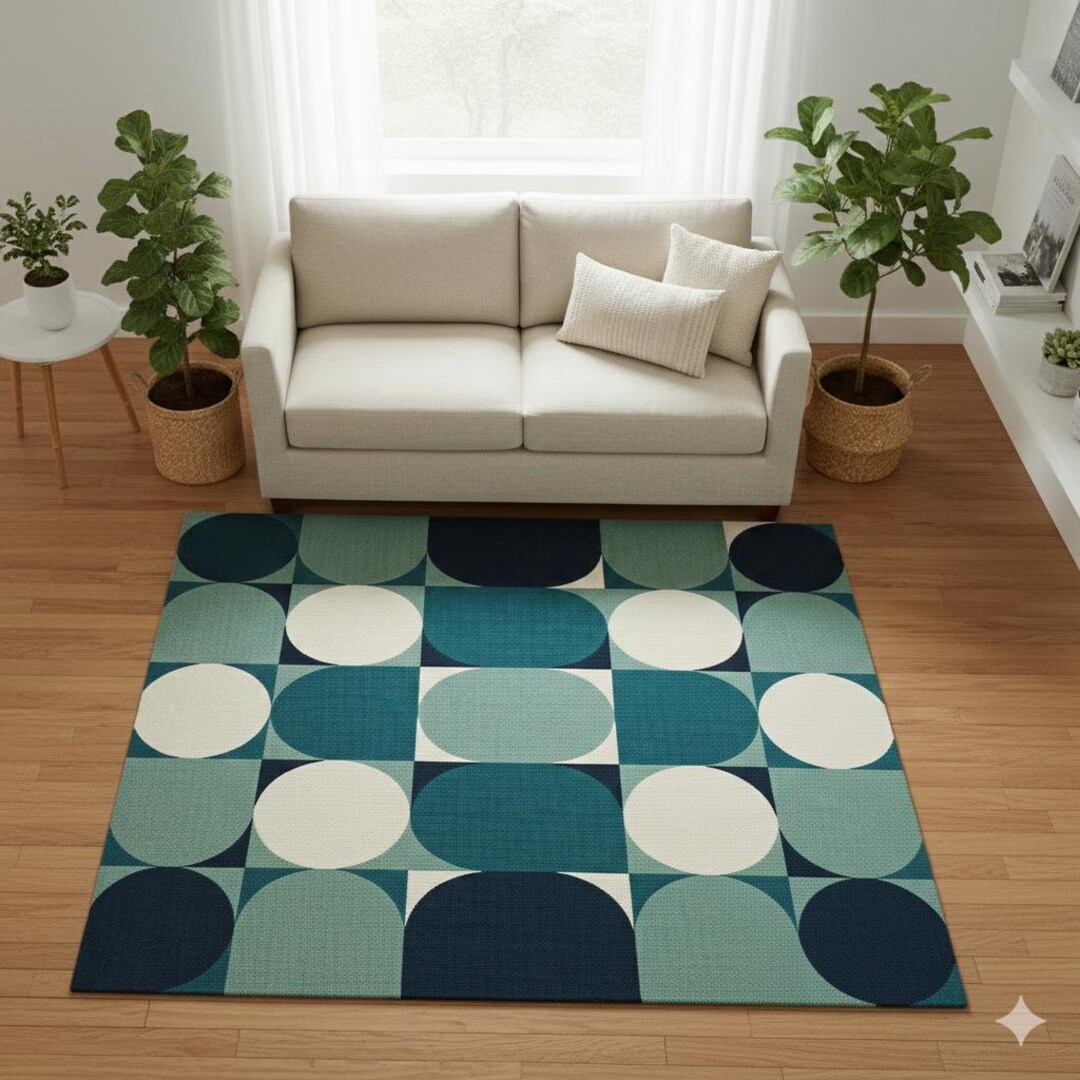 Mid Century Patterned Rugs Mid-century Modern Geometric Rug – Teal, Navy & Cream Circle Pattern ...