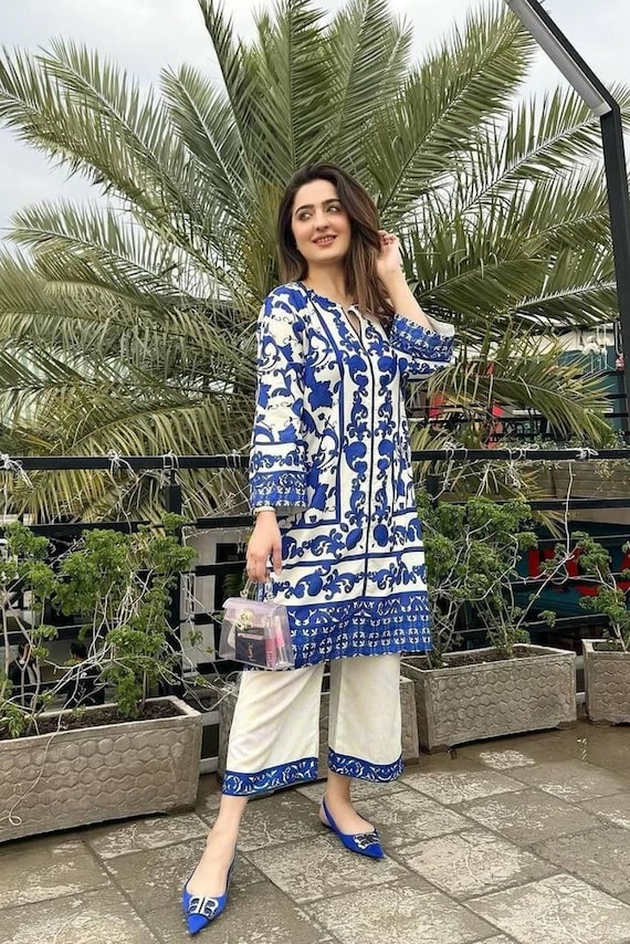 Printed Cotton Kurta Palazzo Set: Red, Black & Blue Ethnic Outfit