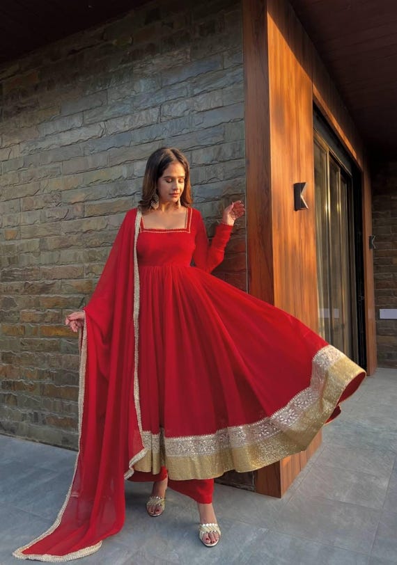Red Designer Ethnic Wear with Dupatta | Faux Blooming Party & Wedding Outfit
