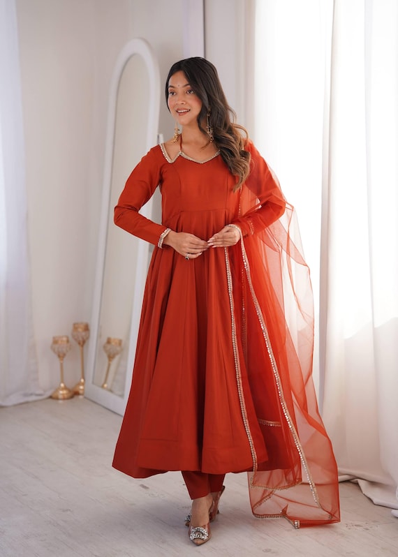 Rust Roman Silk Chanderi Anarkali Dress with Net Dupatta Women Outfit