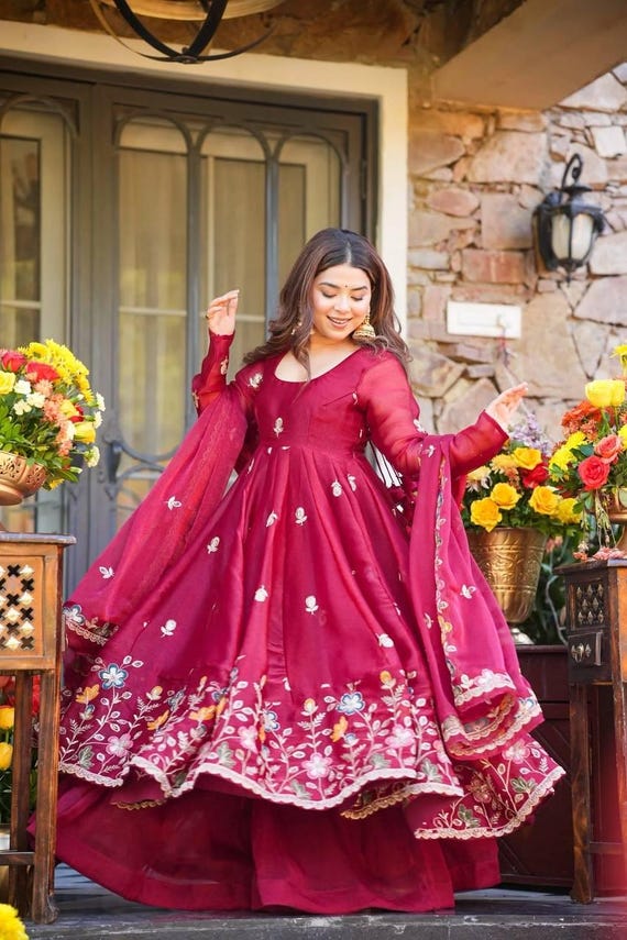 Maroon Organza Anarkali Suit With Embroidered Dupatta Wedding Wear