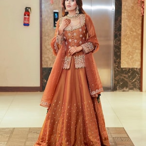 Embroidered Rust Orange Peplum Kurti Lehenga Set: Indian Wedding Outfit