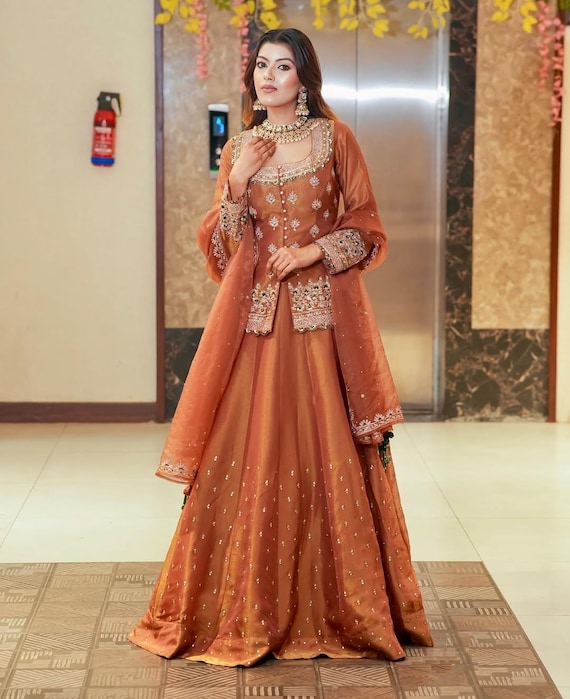 Embroidered Rust Orange Peplum Kurti Lehenga Set: Indian Wedding Outfit