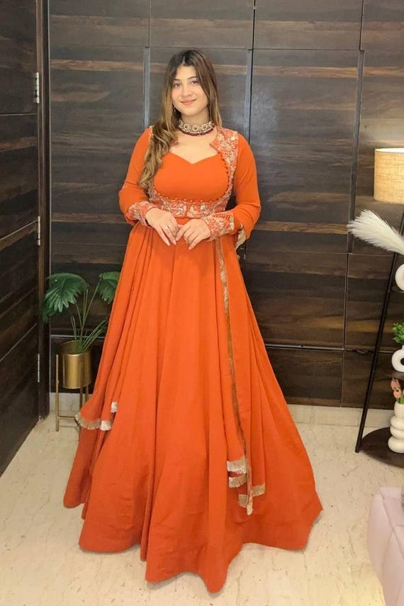 Orange Faux Georgette Maxi Anarkali Suit with Embroidered Koti and Dupatta