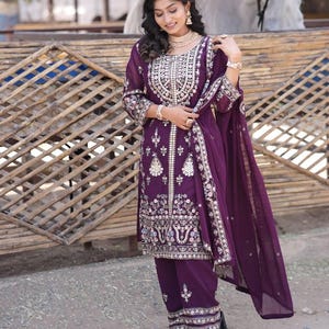 Plum Embroidered Georgette Kurti Pant Set with Dupatta | Indian Wedding & Festive Ethnic Wear | Fully Stitched 3-Piece Outfit