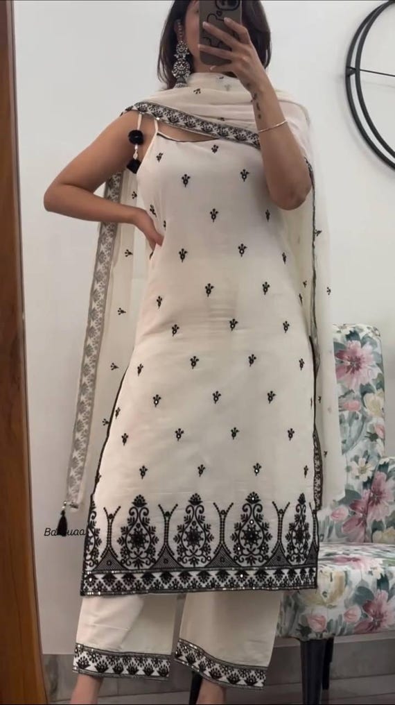 Embroidered Black & White Cotton Silk Suit Set: Kurta Pant Dupatta