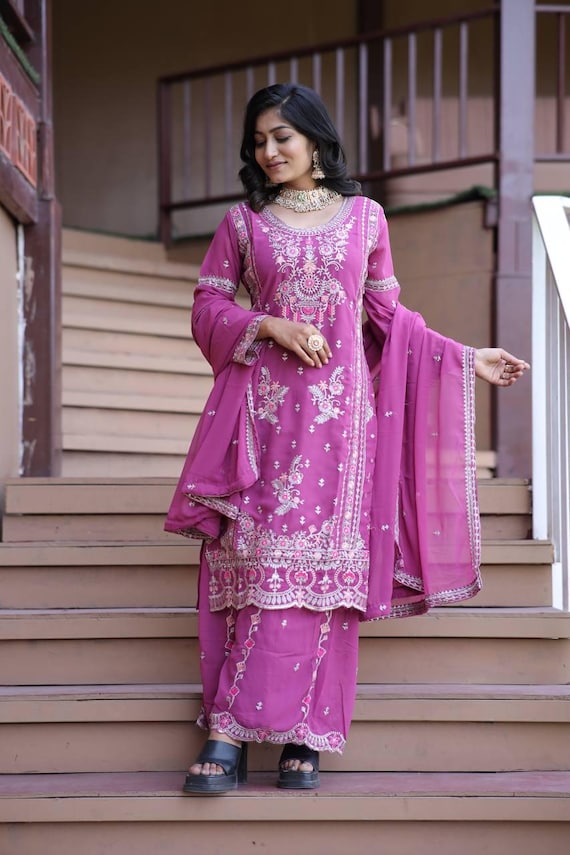 Embroidered Georgette Kurti Palazzo Set: Indian Wedding Guest Outfit