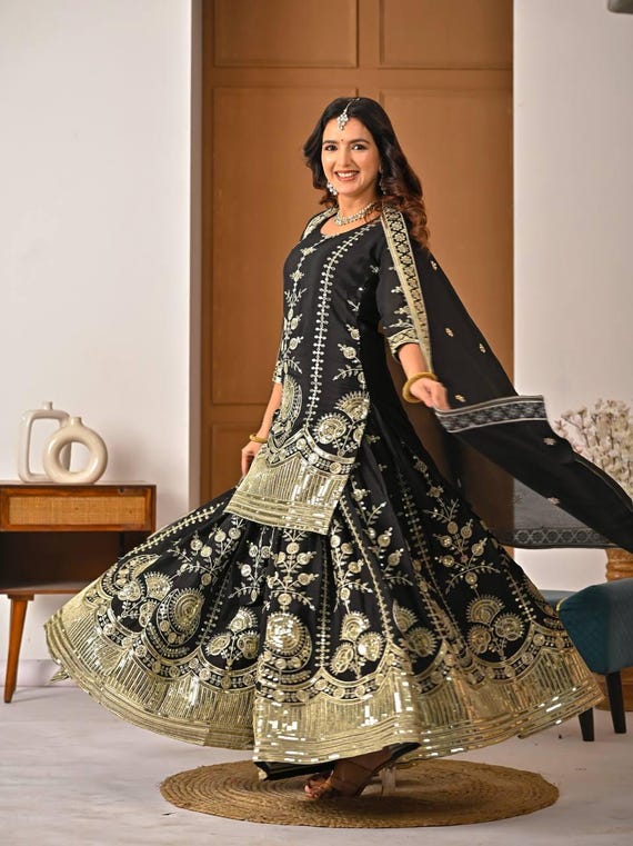 Black Vichitra Silk Sharara Suit Sequins Embroidery Women Indian Ethnic Outfit