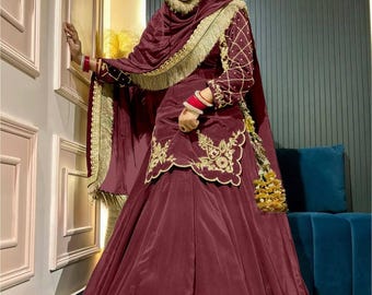 Maroon Velvet Embroidered Lehenga Set: Indian Wedding Outfit with Zari & Sequins
