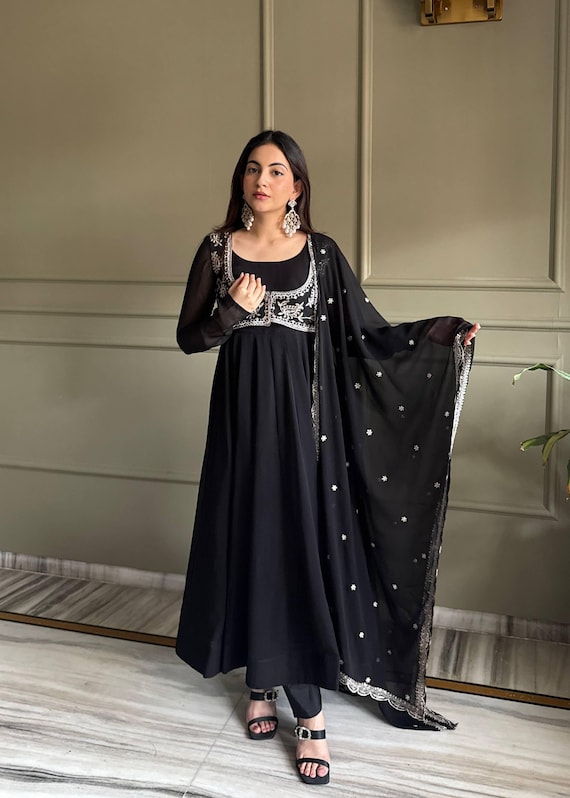 Black Georgette Anarkali Suit With Dupatta Wedding Party Wear Set