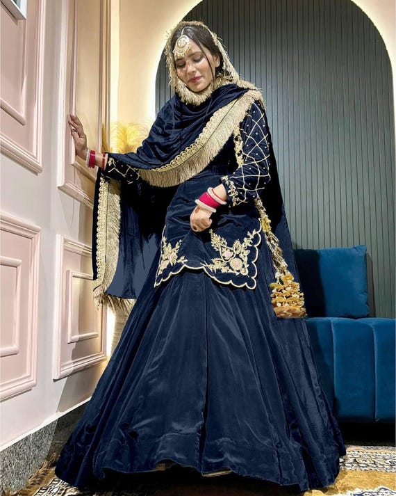Navy Blue Embroidered Lehenga Set: Zari & Sequin Indian Wedding Dress