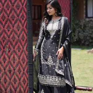 Black Embroidered Sharara Suit Set | Pakistani Style Palazzo Kurti with Dupatta | Eid Outfit | Indian Wedding Guest Dress | Festival Wear