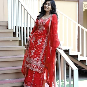 Red Embroidered Kurti Palazzo Set with Dupatta – Indian Wedding Guest Outfit | Faux Georgette Suit | Readymade Party Wear Dress