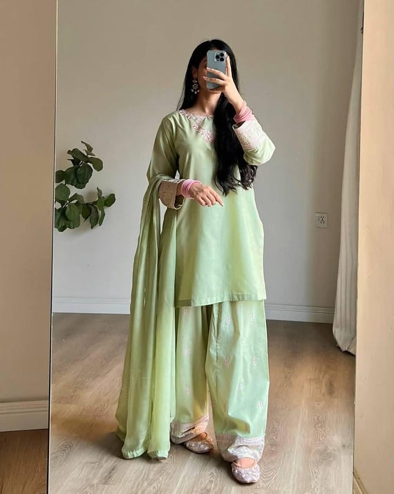 Mint Green Farshi Salwar Suit: Sequin Zari Embroidered Indian Outfit