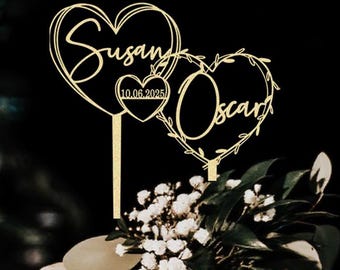 Anniversary Cake Topper - Black & Gold Heart Decor With 'Happy Anniversary' For Wedding, Birthday