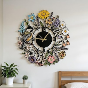 Personalisierte Chickadee Vogel Metall Wanduhr, Bunte Wildblumen Wand Kunst, Botanisches Haus Zeichen,Century Uhr,Unikat Uhr,Wanduhr,Horloge