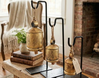 Handmade Rustic Cow 3 Bells Set on Iron Stand | Recycled Iron Brass Hanging Farmhouse Decor