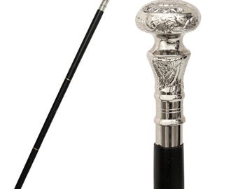 Bastone da passeggio con testa tonda intagliata a mano / Bastone in legno vintage con impugnatura in ottone, stile vittoriano