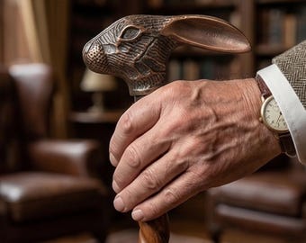 Hand Carved Rabbit Head Walking Cane | Vintage Wooden Stick, Brass Handle