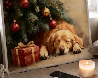 May include: A framed print depicts a sleeping golden retriever under a decorated Christmas tree. A red gift box sits near the dog. A lit candle, a mug, and a smartphone with a charging cable are on the bed.