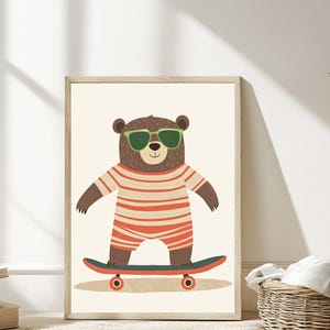 Retro Bear on Skateboard Whimsical Nursery Print Boho Kids Room Decor Playful Animal Poster Instant Download Baby Wall Art Gift