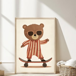 Skateboarding Bear Nursery Print Whimsical Kids Room Decor Boho Animal Wall Art Playful Bear Skate Art Retro Nursery Poster