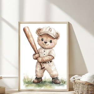 Teddy Bear Baseball Sport Print Nursery Printable Baby Animal Decor Art Neutral Wall Art Kids Room Decor Downloadable Playroom Prints Gift