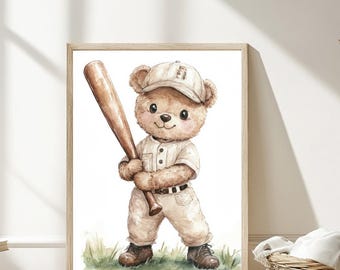 Teddy Bear Baseball Print: Vintage Nursery Decor (Digital Download, PDF Files Included