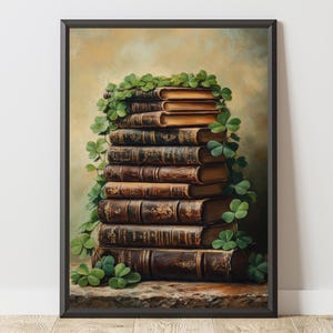 May include: A framed print featuring a stack of antique books adorned with green shamrocks. The books have brown leather covers and are arranged in a tall, vertical composition. The background has a soft, warm color palette.