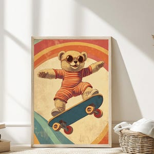 Bear Skateboarding Nursery Print Retro Animal Wall Art Playful Kids Room Decor Fun Bear on Skateboard  Instant Download Boho Art
