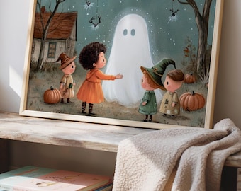 Vintage Halloween-muurkunst: humeurige herfst Ghost Trick or Treat afdrukbare herfst (digitale download)